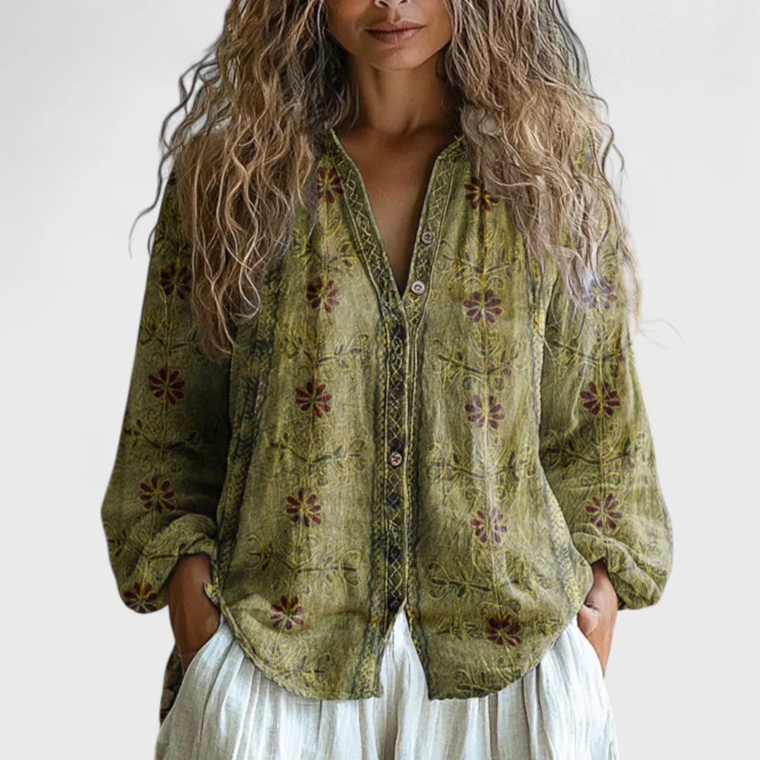 Amber - Vintage Bluse Med Bladprint